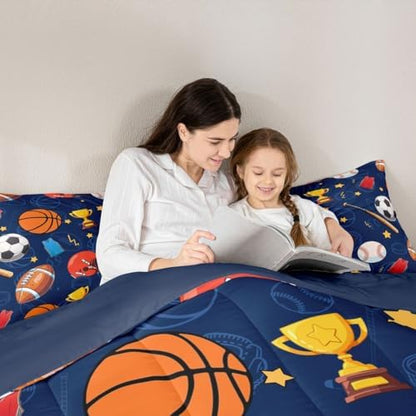 jejeloiu Sports Theme Kids Comforter Set King Size Basketball Soccer Baseball Football Bedding Set Gaming Sports Duvet Quilt for Kids Boys Girls Bedroom Ball Games Decor Microfiber Ultra Breathable