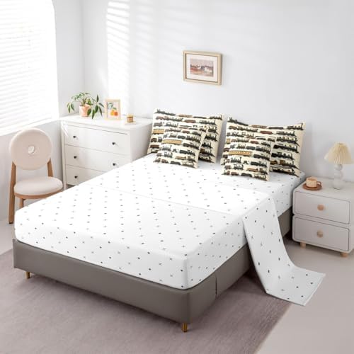 Erosebridal 7 Pcs Vintage Steam Train Bedding Set for Boys Kids Travel Locomotive Train Full Comforter Set with Sheets for Teens Men Transport Vehicle Bed in A Bag Steampunk Railway Bed Sets Beige