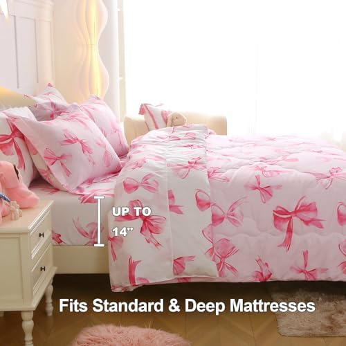 7 Piece Pink Bow Bedding Set for Girls Kids Queen Size Reversible Bowknot Comforter Set Super Soft Bed in a Bag Microfiber Lightweight Bed Set for Teens Room Decor