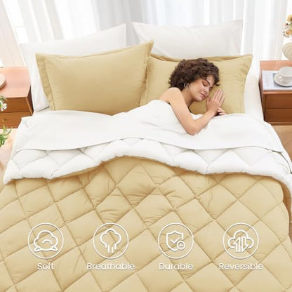 MUXHOMO 7 Pieces Full Comforter Set, Reversible Bed in a Bag Full Size, All Season Bedding Set with Comforter, Flat Sheet, Fitted Sheet, Pillowcases & Shams, Yellow & Ivory