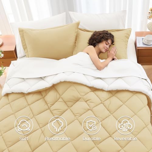 MUXHOMO 7 Pieces California King Comforter Set, Reversible Bed in a Bag Cal King Size, All Season Bedding Set with Comforter, Flat Sheet, Fitted Sheet, Pillowcases & Shams, Yellow & Ivory