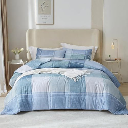 LifeTB Queen Comforter Set Modern Style Checkered Pattern Comforter for Men Boys Blue Plaid Printed Geometric Comforter with 2 Pillow Shams Fluffy Boho Grid Checkered Comforter Set Queen Size