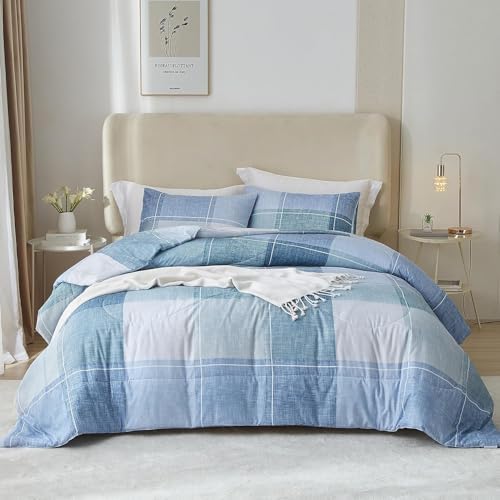 LifeTB Blue Checkered Comforter Full Comforter Set Geometric Plaid Checkered Pattern Comforter for Men Boys Modern Grid Plaid Bedding Comforter Set for All Seasons Lightweight Soft Fluffy Bed Set