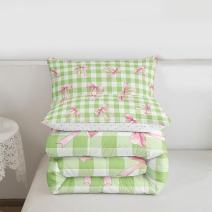 jejeloiu Bowknot Kids Comforter Set Toddler Size Checkerboard Bedding Set Pink Bow Duvet Quilt for Kids Boys Girls Bedroom Plaid Decor Microfiber Ultra Soft Breathable
