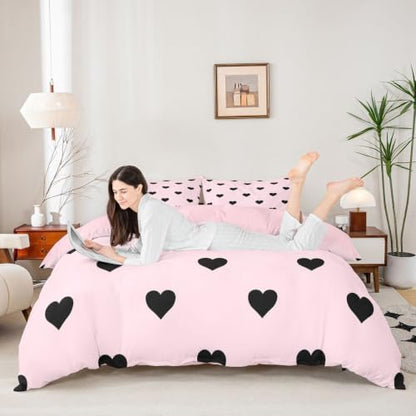 Pink Duvet Cover Queen Size Love Heart Bedding Set for Kids Girls Women, Pink and Black Love Pattern Comforter Cover Soft Breathable All Season Cute Kawaii Girly Bed Set Room Bedroom Decor