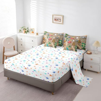 Erosebridal Happy Camping Bedding Set for Kids Teens,Cartoon Animal Comforter Set Queen Size,Camping Lover (Comforter+Fitted+Flat Sheet+2 Pillowcases+2 Throw Pillow Covers) 7 Pieces Bed Set