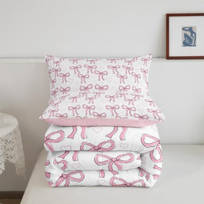 jejeloiu Bowknot Comforter Set Pink Bow Bedding Set Bow-tie Kids Twin