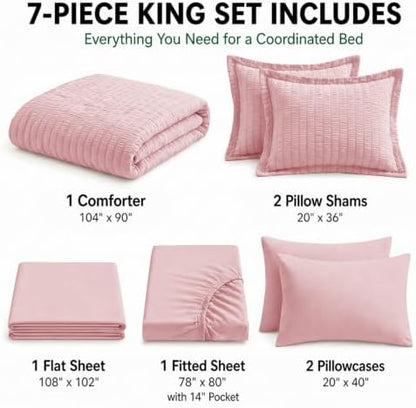 HIMEET King Comforter Set, 7-Piece Seersucker Bed in a Bag, Pink