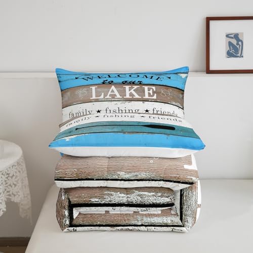 Manfei Rustic Lake Comforter Set Full Size, Lake Camping Bedding Set 3pcs for Kids Boys Teens Bedroom Decor, Vintage Wooden Stripe Print Quilt Set with 2 Pillowcases, Farmhouse Duvet Set