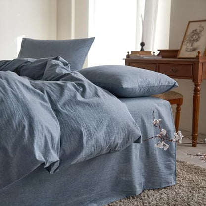 Wake In Cloud - Cotton Duvet Cover Set, 100% Washed Cotton, Linen Like Textured, Breathable Durable Comfy Farmhouse Neutral Bedding Set, 3 Pieces, Denim Blue, Full Size