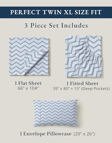 LANE LINEN Twin XL Sheets 100% Organic Cotton Cooling Soft 3pc - Chevron