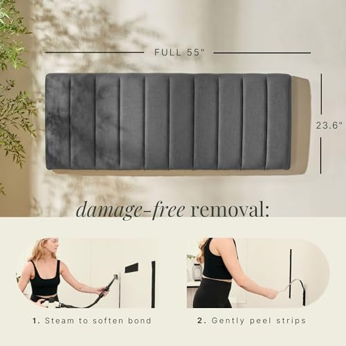 Nestl Upholstered Full Headboard - Easy Assemble Channel Stitched Headboard Full Size - Wall Mounted Headboards with 3D Soundproof Wall Panels Peel & Stick Floating Headboards, Grey