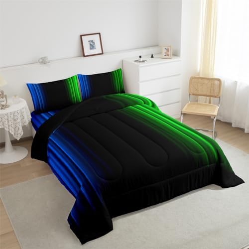 Feelyou Geometric Ombre Comforter Set Kids Boys Teens Blue Green and Black Bedding Set Decor Modern Stripes Comforter 2Pcs Twin Size