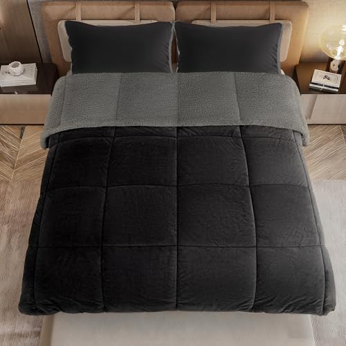 Fluffy Sherpa Queen Comforter Set, Thick Bedding Set 3 Pieces, Black