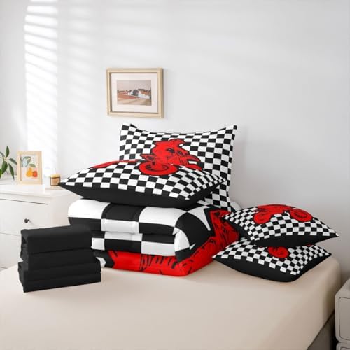 Feelyou Red Motocross Rider Comforter Set with Sheets 7 Piece King Size Checkered Flag Bedding Set for Kids Boys Girls Sporty Rider Bed in a Bag Off-Road Racing Room Decor Dirt Bike Soft Lightweight