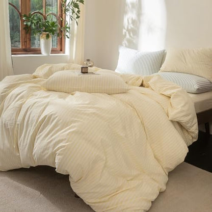 FOSSA Striped Duvet Cover Set 100% Washed Cotton Linen Feel King