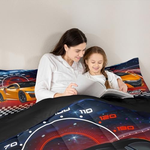 Feelyou Ombre Racing Car Bedding Set King Size Kids Speed Sports Car Bedding Set for Boys Girls Teens Extreme Sports Duvet Quilt Breathable Soft Lightweight Microfiber Room Decor