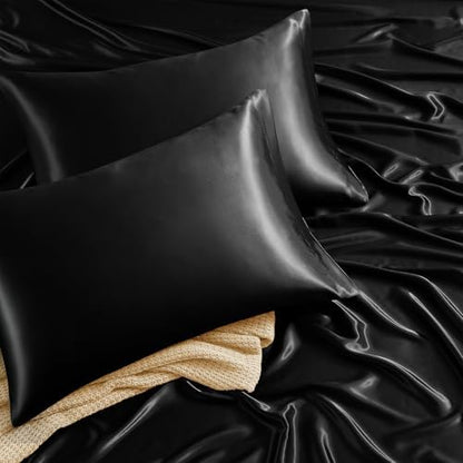 SiinvdaBZX 5-Piece Black Satin Sheets Split King Size Set