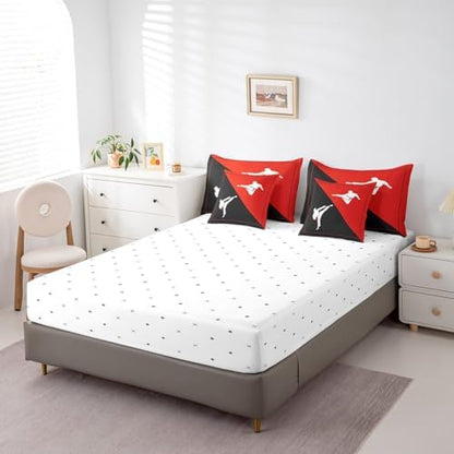 Castle Fairy Taekwondo 7 Pieces Bedding Set Black Red Comforter Set for Boys Girls Japanese Style Bed Set Room Decor Twin Size Kungfu Soft Warm Microfiber Bedding