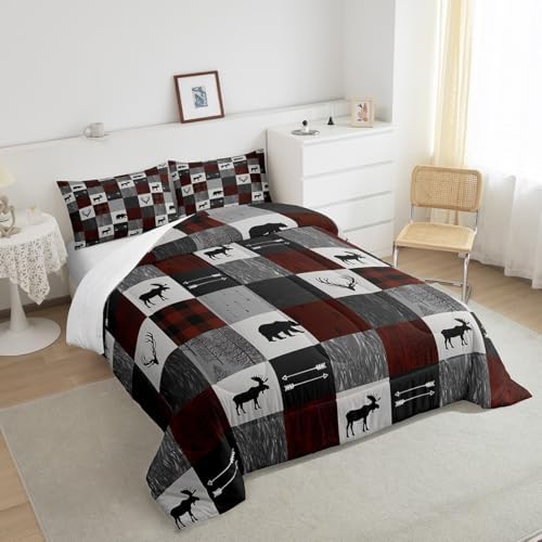 Homewish Bear and Deer Bedding Set Gray Red Grid Comforter Set for Kids Boys Rustic Farmhouse Comforter Trees and Arrow Quilt Set 1 Comforter Set with 1 Pillowcase Toddler Size