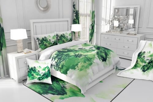 Chinese Style Bedding Set Full Size,Oriental Culture Ink Painting Comforter Set for Kids Girls Boys Adults Room Decor,Tie Dyeing Watercolor Duvet Insert 3Pcs,Mountain Tree Quilt Set,2 Pillowcases