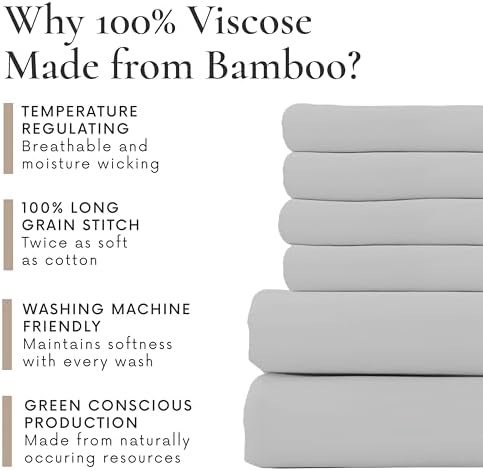 Bamboo Bay 6 Piece California King Size Sheet Set, 100% Viscose Made from Bamboo, Breathable, Ultra Soft Cooling Bed Sheets for Hot Sleepers, Beddings with Deep Pockets Fit 16" Mattress, Light Grey
