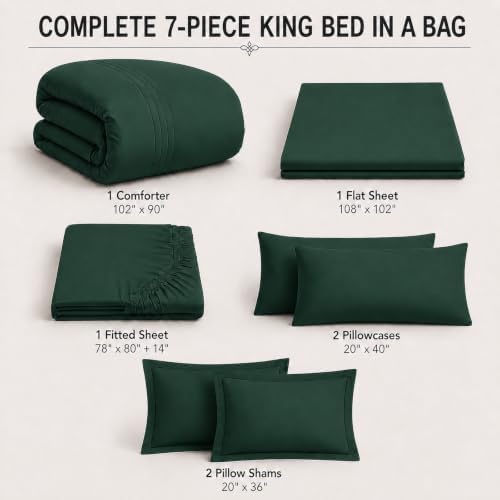 King Size Comforter Set Emerald Green, 7 Pieces Bed in a Bag