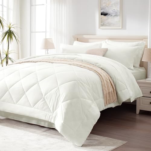 Love's cabin Oversized Queen Comforter Set, 7 Pieces Bed in a Bag, All Season Bedding Sets with 1 Comforter, 1 Flat Sheet, 1 Fitted Sheet, 2 Pillowcase and 2 Pillow Sham, Ivory