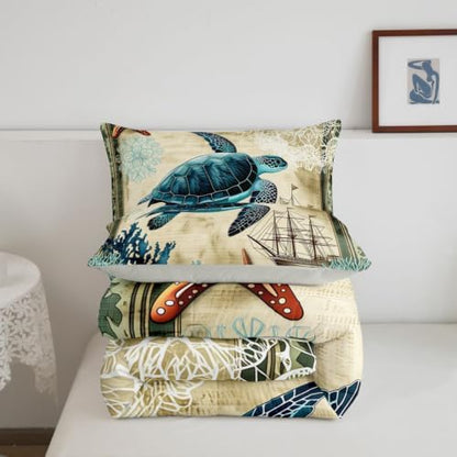 Erosebridal Turtle Bedding Teal Turtle Comforter Set Turquoise Ocean Themed Mediterranean Style Printed Design Ocean Turtle Down Comforter Quilted Duvet Set Full Size 1 Comforter 2 Pillowcases