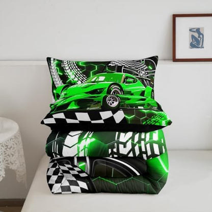 Toddler Race Car Bed for Boys,Green Neon Lights Honeycomb Bedding Set Cool Sports Car Glitter Beehive Geometric Hexagon Comforter Set Full,Black White Grid Lattice Quilt Buffalo Plaid Decor