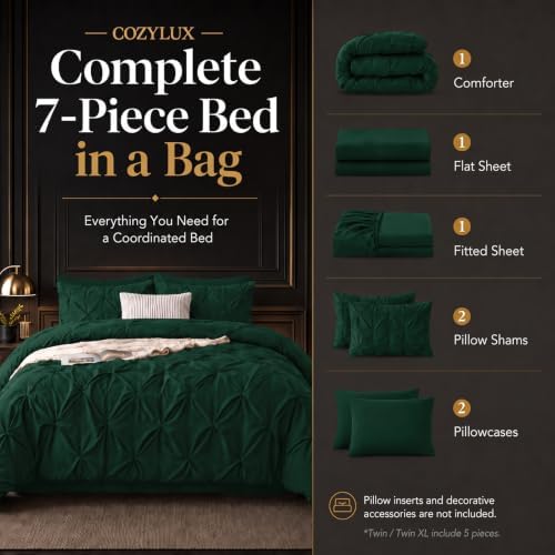 CozyLux Full Comforter Set Emerald Green, 7 Pieces Pintuck Bed in a Bag