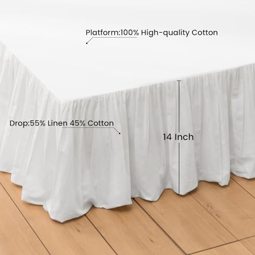 FALUCA Soft Cozy French Linen Bed Skirt with Pleated Frills - 14" Tailored Drop Dust Ruffle for Farmhouse & Modern Bedrooms, Breathable Linen-Cotton Blend, Easy-Fit Bedding (14" Queen, White)