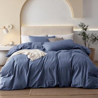 JIYUAN Queen Washed Cotton Duvet Cover Set, 3-Piece, Relaxed Linen Feel