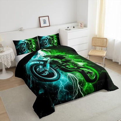Feelyou Racing Motocross Rider Kids Bedding Set,Boys Girls Toddler Size,Dirt Bike Comforter Set,Blue and Green LightningUltra Soft Duvet Quilt,Extreme Sports Comforter Colorful Modern Bedroom Decor