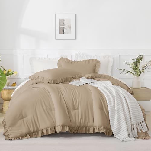 Andency Oversized King Comforter Set,3 Pieces Taupe Ruffle Bedding Set