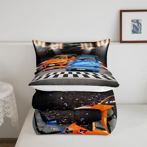 Feelyou Sports Car Comforter King Size Decor Orange Blue Race Car Comforter Set for Kids Boys Racing Car Bedding Set Extreme Sports Competitive Quilt Set Room Decorations