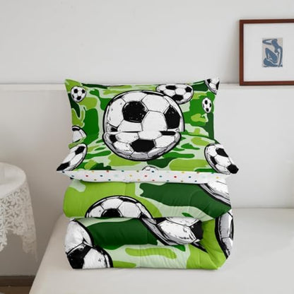Castle Fairy Football Sports Comforter Set Twin Size for Kids Soccer American Ball Games Bedding Sets All Season Green Camouflage Quilt Set Bedroom Decor Hexagon Geometric Down Comforter,2Pcs