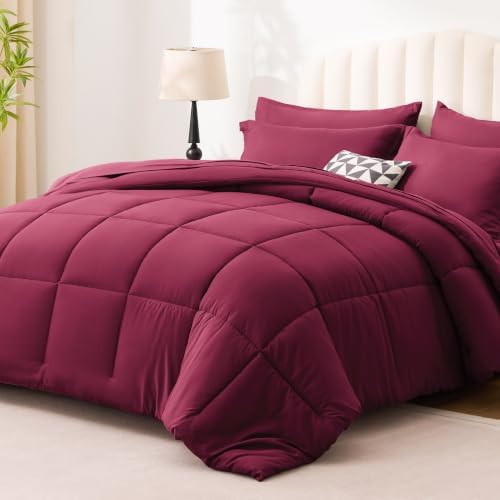 Love's cabin Plaid Queen Comforter Set, Burgundy