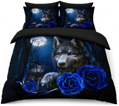 CCoutueChen Wolf Comforter Set Twin Size, Blue Rose Moon Gothic Bedding