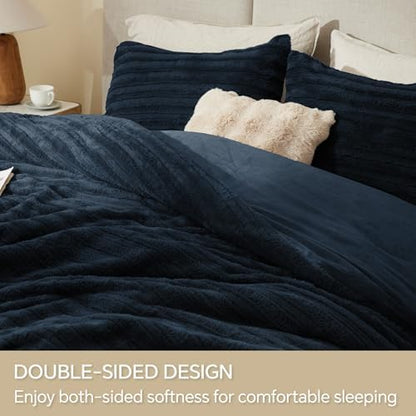 BEDELITE Faux Fur King Size Comforter Set, Fluffy Bed Set, Navy