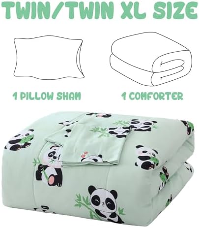 Yibeizi Kids Cute Panda Comforter Twin Sage Green Bedding Set