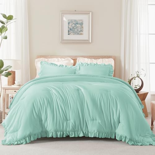 Andency Mint King Size Comforter Set, 3 Pieces Solid Farmhouse Bedding