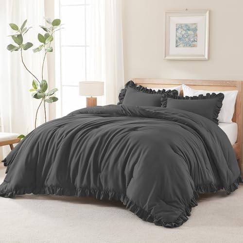 Andency Oversized King Ruffle Comforter Set, 3 Pcs Dark Gray Fluffy Bedding