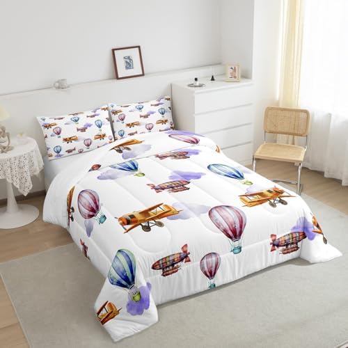 Erosebridal Queen Size Airplane Bedding Set for Boys Girls,Vintage Hot Air Balloon Comforter Set Air Plane Decor for Kids Bedroom,Airship Aircraft Comforter Set Aviation Themed Quilt Bed Set 3Pcs