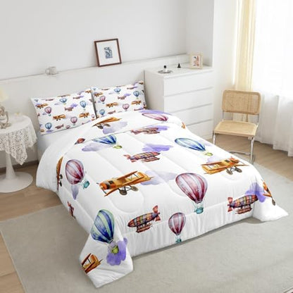 Erosebridal Airplane Full Size Bedding Set for Boys Girls,Vintage Hot Air Balloon Comforter Set Air Plane Decor for Kids Bedroom,Airship Aircraft Comforter Set Aviation Themed Quilt Bed Set 3Pcs