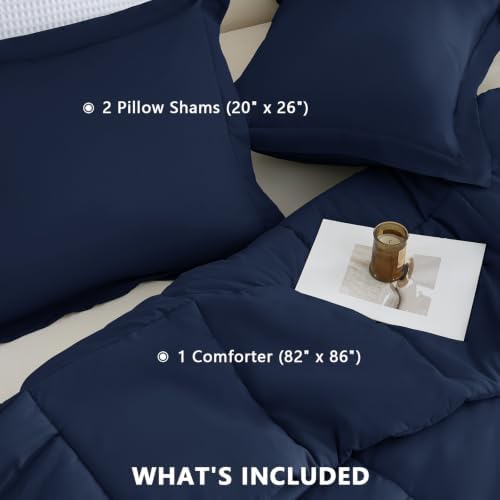 CozyLux Full Size Comforter Sets, 3-Piece Box-Stitched, Navy Blue