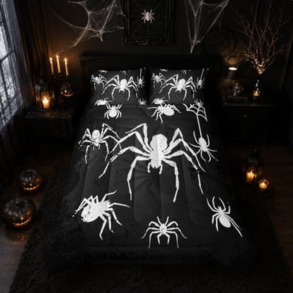Nttopship Boys Spider Printed Comforter Set Bed in A Bag King Size 3PCS Black Bedding Set Cool White Spider Bedding Set Girls Boys Bedroom Decor with 2 Pillowcases, Lightweight All Season