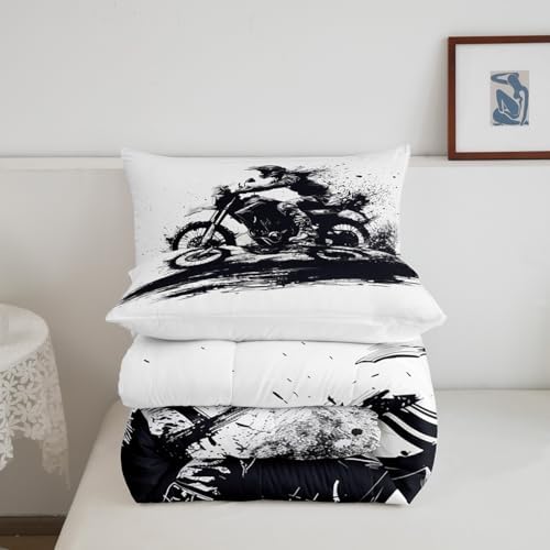 Feelyou Cool Motocross Comforter Set Toddler Size Dirt Bike Bedding Set Ultra Soft Motorcycle Racer Comforter for Kids Boys Girls Extreme Sports Duvet Quilt Bedroom Decor Motorbike Quilt