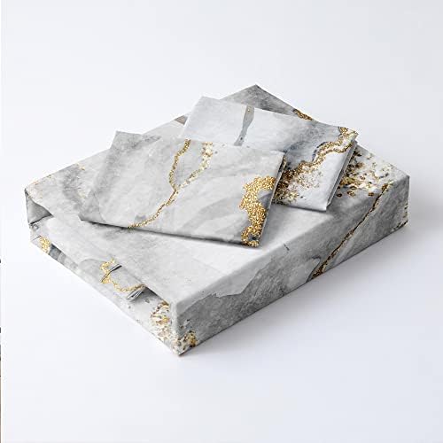 Black Gray and Gold Metallic Marble Duvet Cover Set King Size Foil Print Glitter Bedding Comforter Covers with 2 Pillow Shams Breathable Durable Soft Comfy