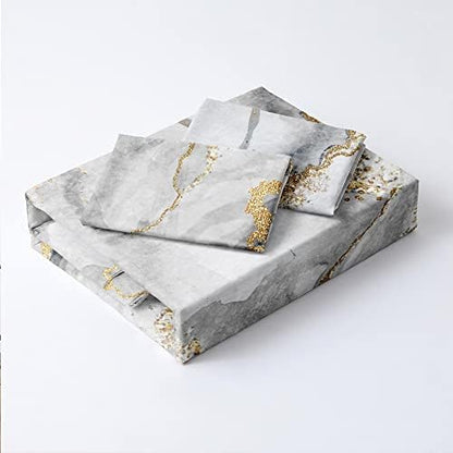 Black Gray and Gold Metallic Marble Duvet Cover Set King Size Foil Print Glitter Bedding Comforter Covers with 2 Pillow Shams Breathable Durable Soft Comfy